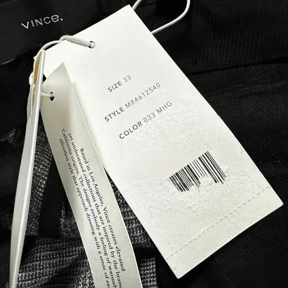 Vince Glen Plaid Griffith Pants in Medium Heather Gray Men's Sz 33 New With Tags